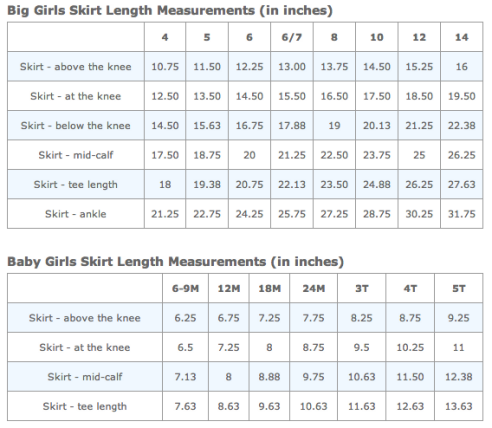 skirt length chart